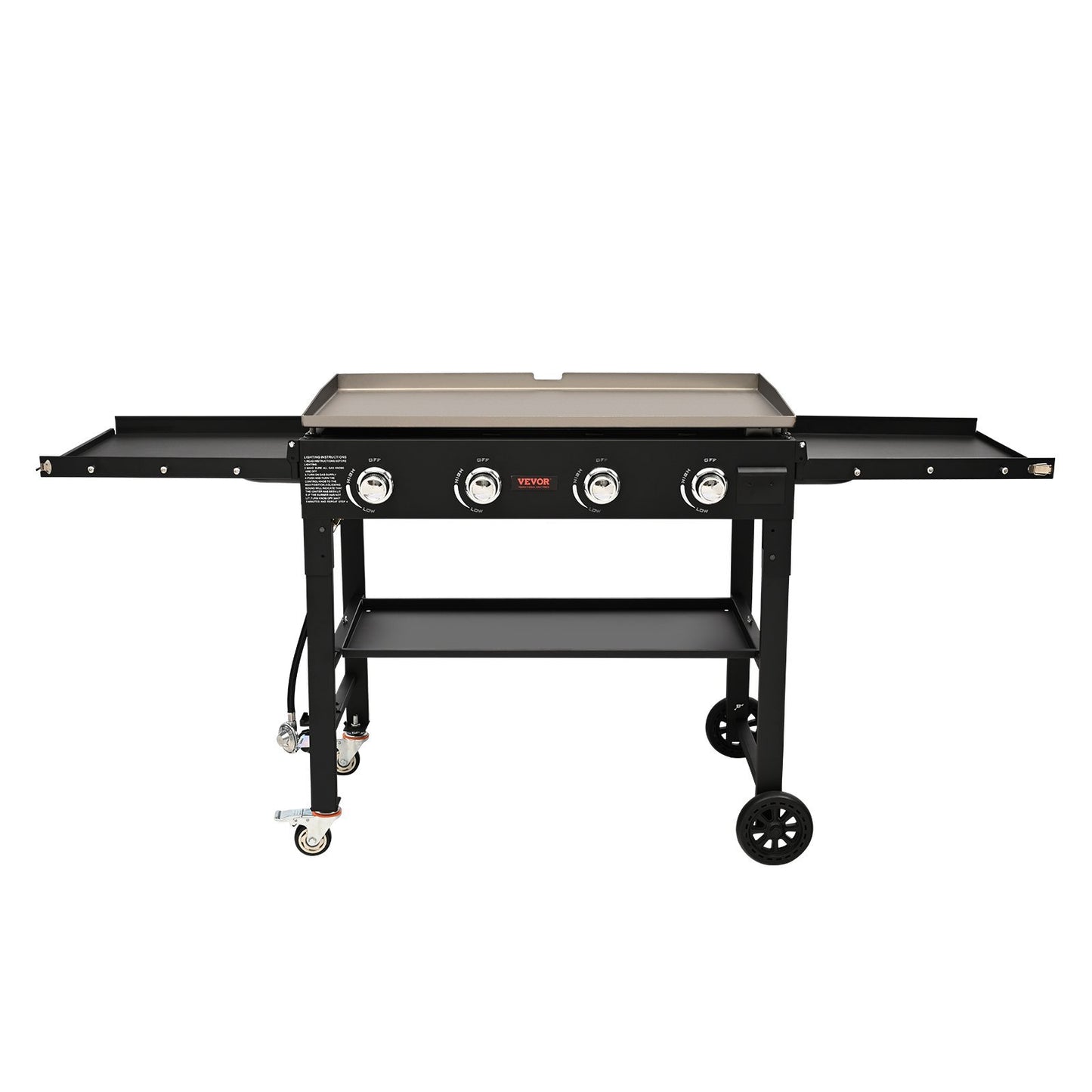 Commercial Griddle on Cart, 36' Heavy Duty Manual Flat Top Griddle, Outdoor Cooking Station with Side Shelves, Steel LPG Gas Griddle, 4-Burners Restaurant Portable Grill -  60,000 BTU