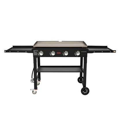 Commercial Griddle on Cart, 36' Heavy Duty Manual Flat Top Griddle, Outdoor Cooking Station with Side Shelves, Steel LPG Gas Griddle, 4-Burners Restaurant Portable Grill -  60,000 BTU