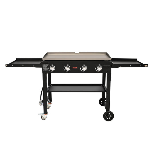 Commercial Griddle on Cart, 36' Heavy Duty Manual Flat Top Griddle, Outdoor Cooking Station with Side Shelves, Steel LPG Gas Griddle, 4-Burners Restaurant Portable Grill -  60,000 BTU