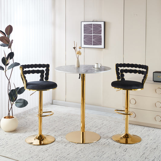 Modern Gold Bar Table Set with 2 Adjustable Bar Stools, Round Marble-Patterned Pub Table for Home Bar & Kitchen