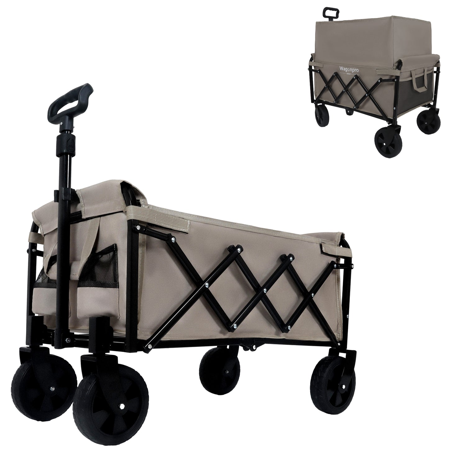 Expandable Dual-Layer Utility Wagon with 100% Extra Space - Grocery Cart for Camping, Shopping, Sports, Gardening, Fishing, Supports 225lbs, Beige