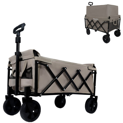 Expandable Dual-Layer Utility Wagon with 100% Extra Space - Grocery Cart for Camping, Shopping, Sports, Gardening, Fishing, Supports 225lbs, Beige