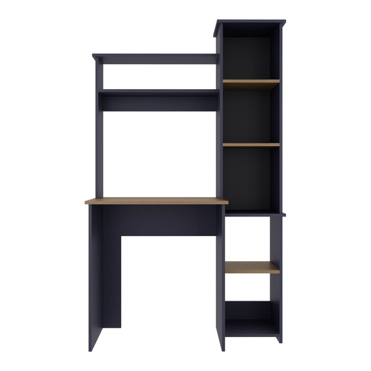 Versalles Writing Desk, Modern Studio or Office Desk, Two Superior Shelves, And Five Side Open Shleves For Books Organization, Navy Blue