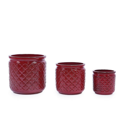 3 Pieces Ceramic Flowerpot, Modern Planter for Patio, Garden or Windowsills - Bean Paste Red