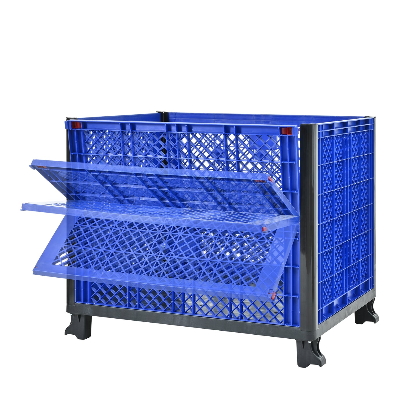 Collapside Bulk Container with mesh walls total capacity of 600 lbs Stacks up to 4 high for a total of 2000 lbs and includes 4 feet for stacking,blue