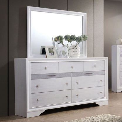 White Color Dresser w Mirror Set Hidden Jewelry Drawer English Dovetail Silver Accents Round Knobs Bedroom Furniture
