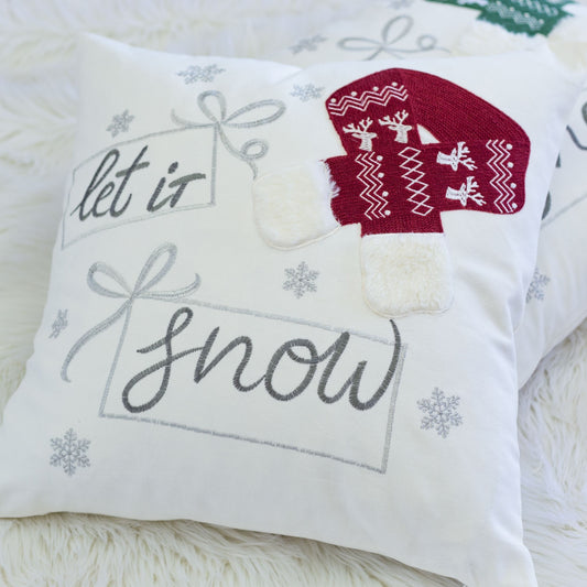 Let It Snow Christmas Throw Pillow – 20x20' Square Cotton Cushion with Red Knit Hat Design and Insert