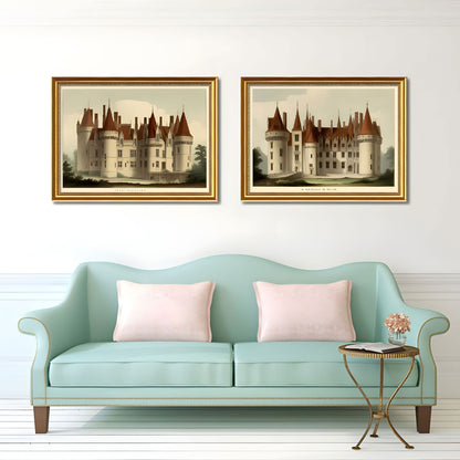 Set of 2 Vintage Castle Framed Wall Art – Replaceable Canvas Prints with Solid Wood Picture Frames, Antique Architecture Wall Decor for Living Room and Study 18x24 inches