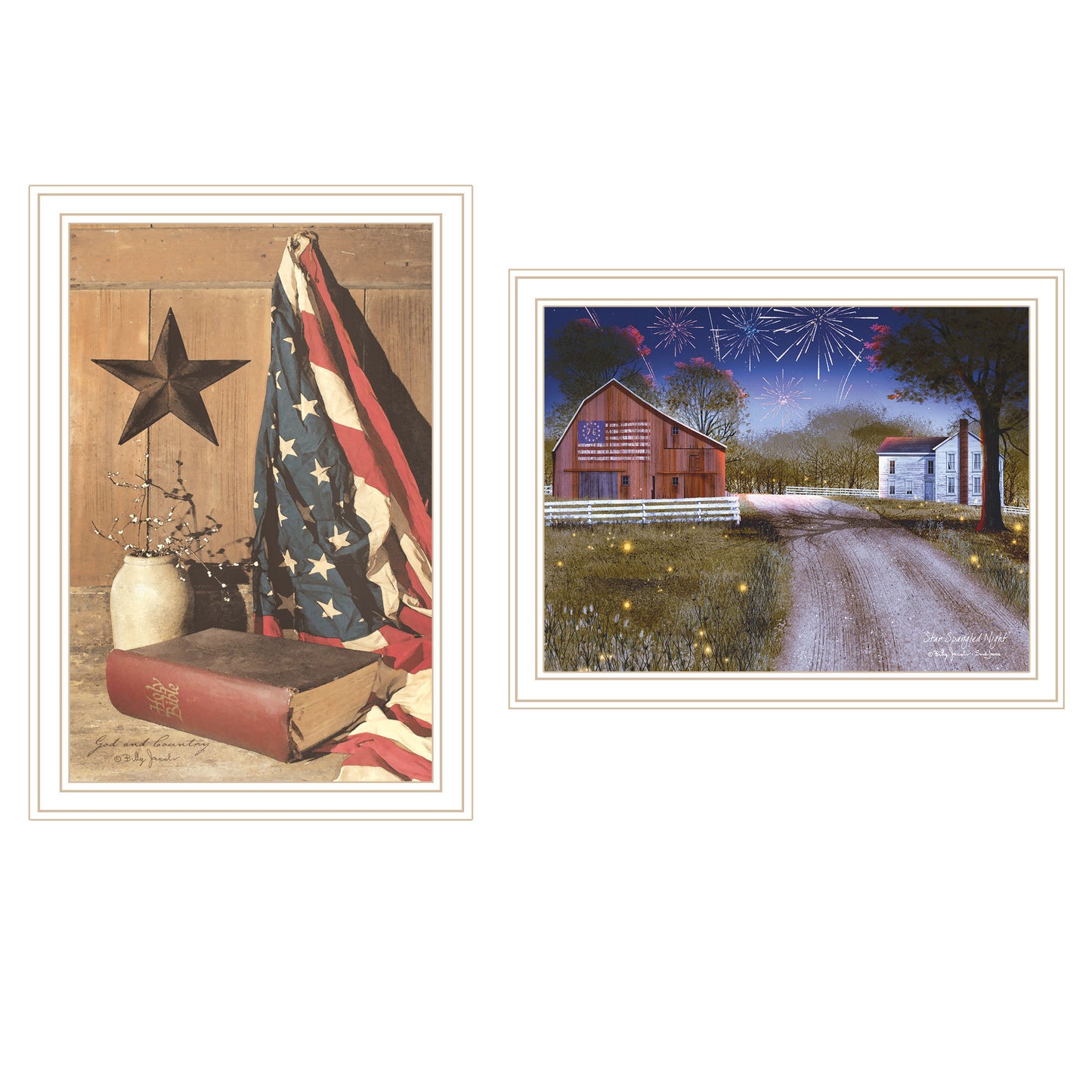 Trendy Decor 4U 2- Piece Vignette Star Spangled Night, God & Country White Framed Wall Art for Living Room, Bedroom Wall Art Print for Home Decor by Billy Jacobs