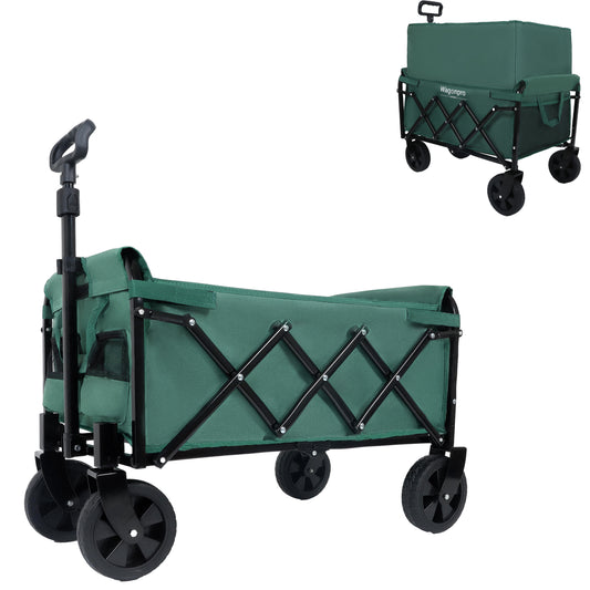 Expandable Dual-Layer Utility Wagon with 100% Extra Space - Grocery Cart for Camping, Shopping, Sports, Gardening, Fishing, Supports 225lbs, Green