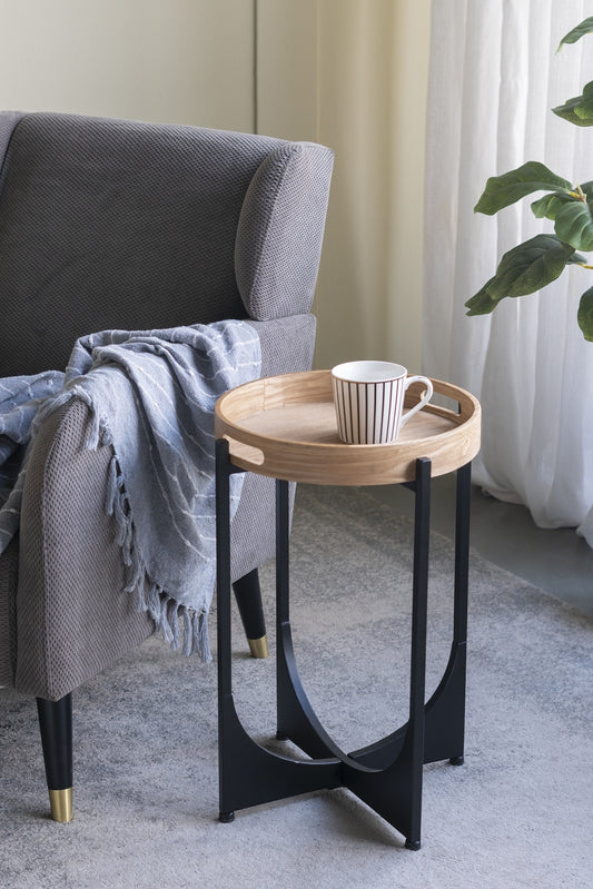 15x15x22' Brown Tray-Top Table with Black Geometric Base