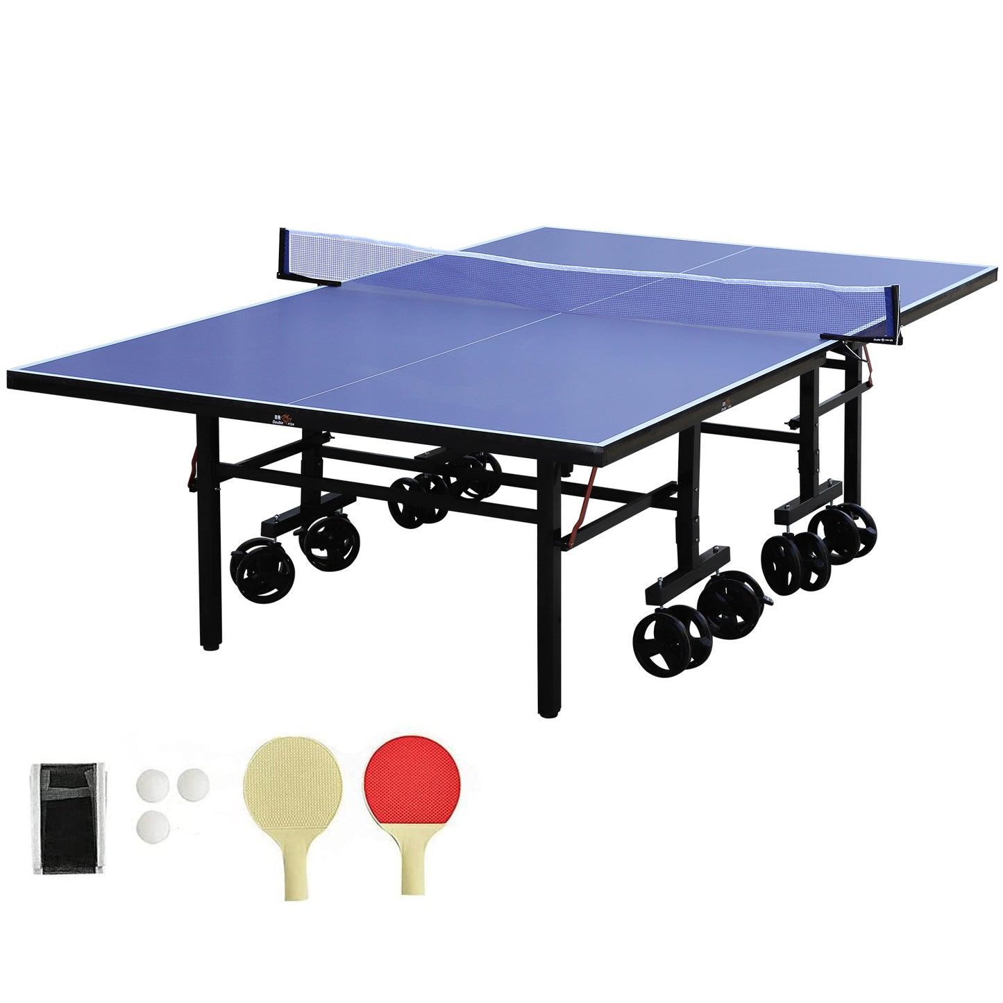 DOUBLE FISH Blue Folding Rolling 9×5 FT Table Tennis Table Indoor And Outdoor Table Tennis Table, 2 Rackets, 3 Balls, 1 Net And 8 Wheels Set Behind It For Easy Movement