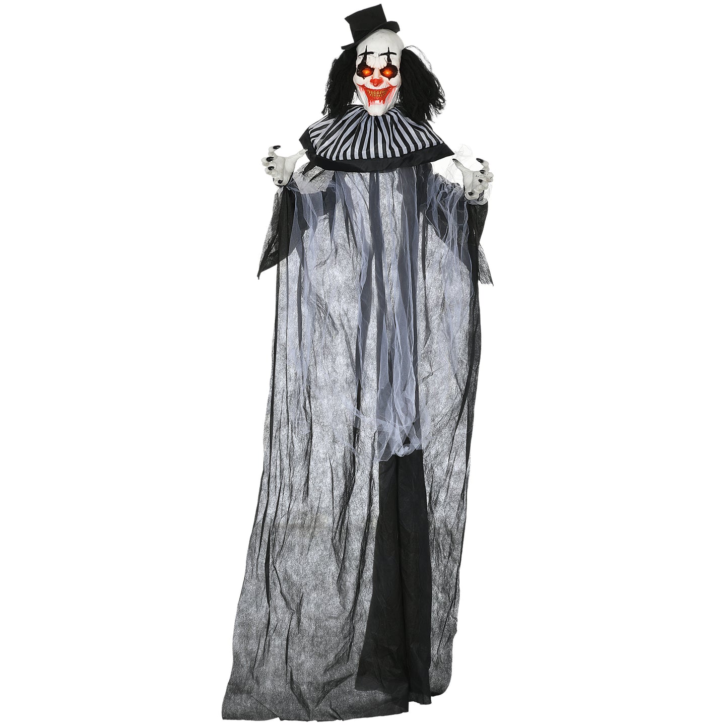 HOMCOM 6' Life Size Outdoor Halloween Decoration, Classic Black and White Striped Clown Animatronic, Sound and Motion Activated Animated Prop with Light Up Eyes & Sounds