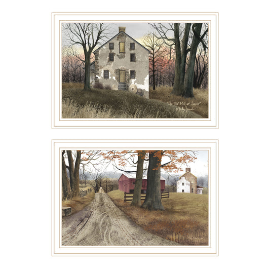 Trendy Decor 4U 2- Piece Vignette The Old Mill & A Road Home White Framed Wall Art for Living Room, Bedroom Wall Art Print for Home Decor by Billy Jacobs
