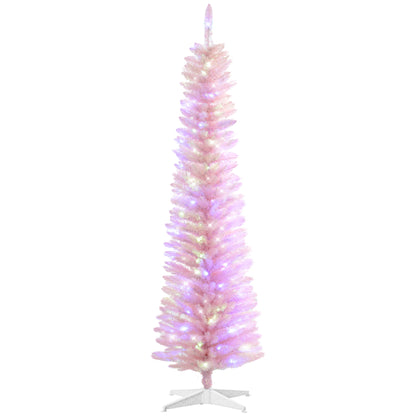 HOMCOM 6ft Tall Pencil Prelit Artificial Christmas Tree Holiday Décor with 360 Colorful Surface Branches, 200 Colorful LED Lights, Pink