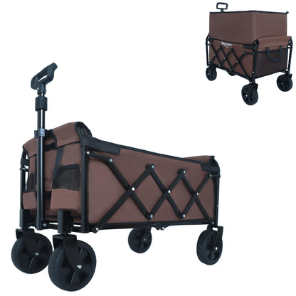 Expandable Dual-Layer Utility Wagon with 100% Extra Space - Grocery Cart for Camping, Shopping, Sports, Gardening, Fishing, Supports 225lbs, Brown