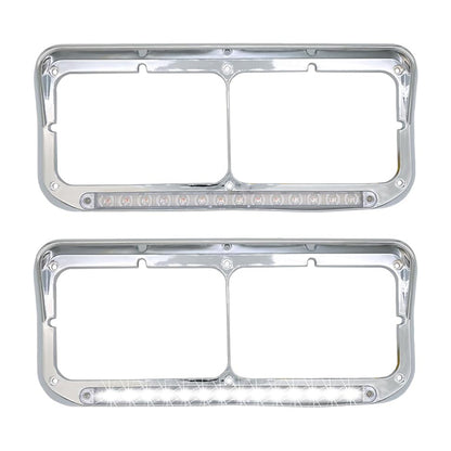 Chrome Rectangular Dual Headlight Bezels With Clear Lens + White LED 2Pcs
