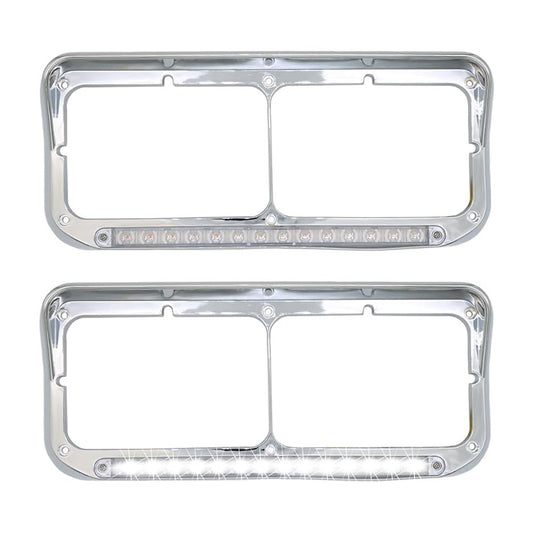 Chrome Rectangular Dual Headlight Bezels With Clear Lens + White LED 2Pcs