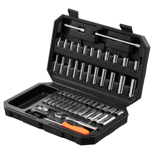Socket Set, 1/4 Inch Drive Socket and Ratchet Set, 6-Point Socket Opening, 54 Pieces Tool Set SAE and Metric, Deep and Standard Sockets, 5/32-9/16 in, 4-14 mm, with Accessories, Storage Case