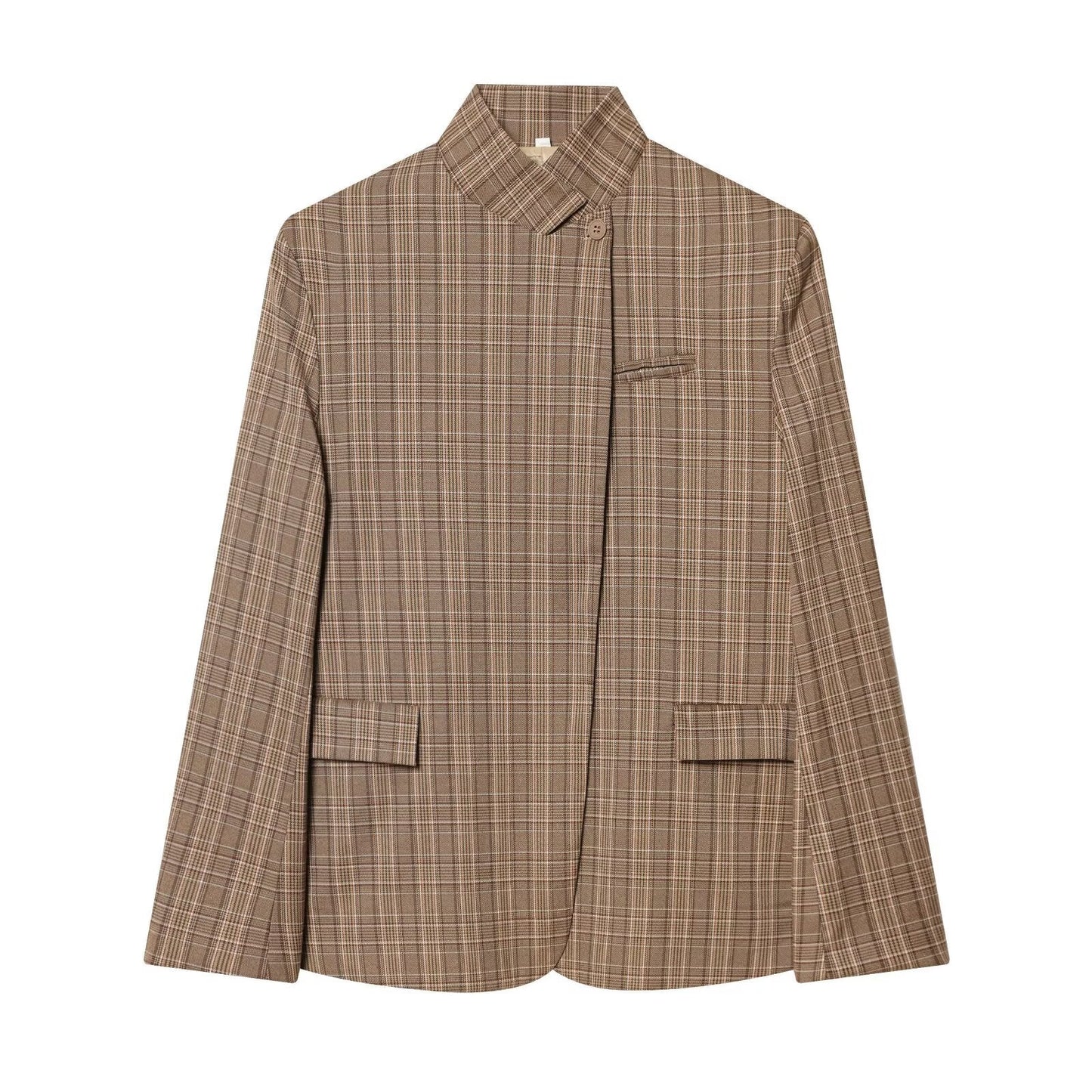Women's Jacket Brown Plaid High Collar BYMANYC ® New York SOHO ASYMMETRIC STAND COLLAR BLAZER - New Collection