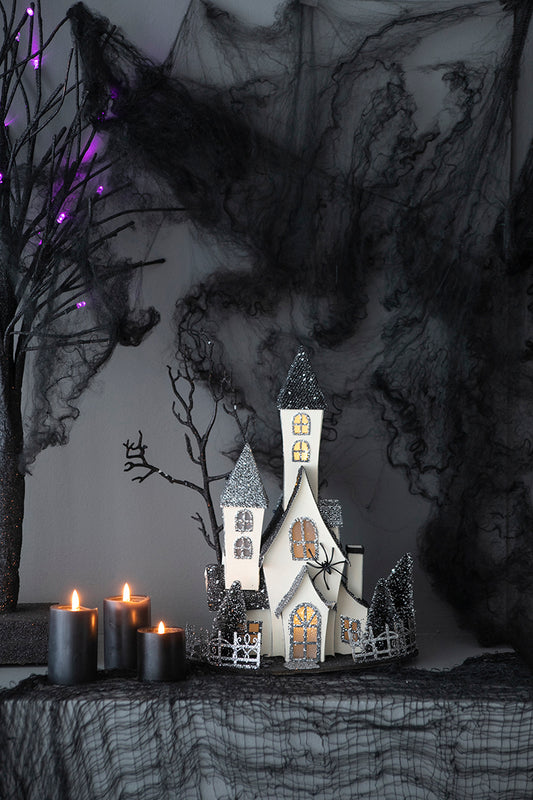 10x8.3x13.5' Cardboard Lighted Haunted House, Black Beige Tabletop holiday halloween decor, Battery Powered