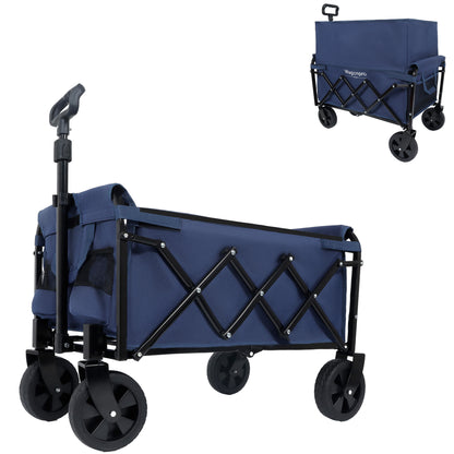 Expandable Dual-Layer Utility Wagon with 100% Extra Space - Grocery Cart for Camping, Shopping, Sports, Gardening, Fishing, Supports 225lbs, Dark Blue