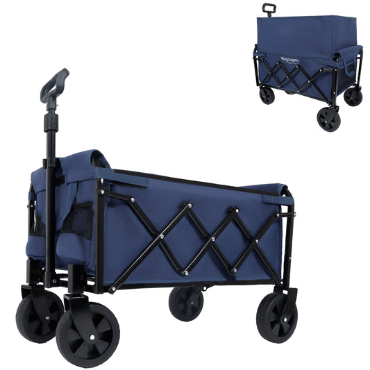 Expandable Dual-Layer Utility Wagon with 100% Extra Space - Grocery Cart for Camping, Shopping, Sports, Gardening, Fishing, Supports 225lbs, Dark Blue