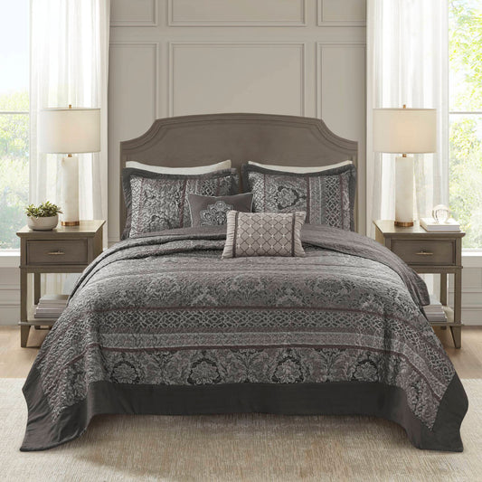 5-Piece King 5 Piece Reversible Jacquard Bedspread Set,Grey