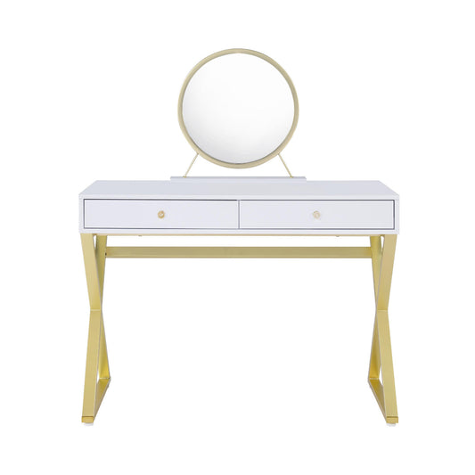 Rectangular Vanity Desk with Mirror and Jewelry Tray, White and Gold
