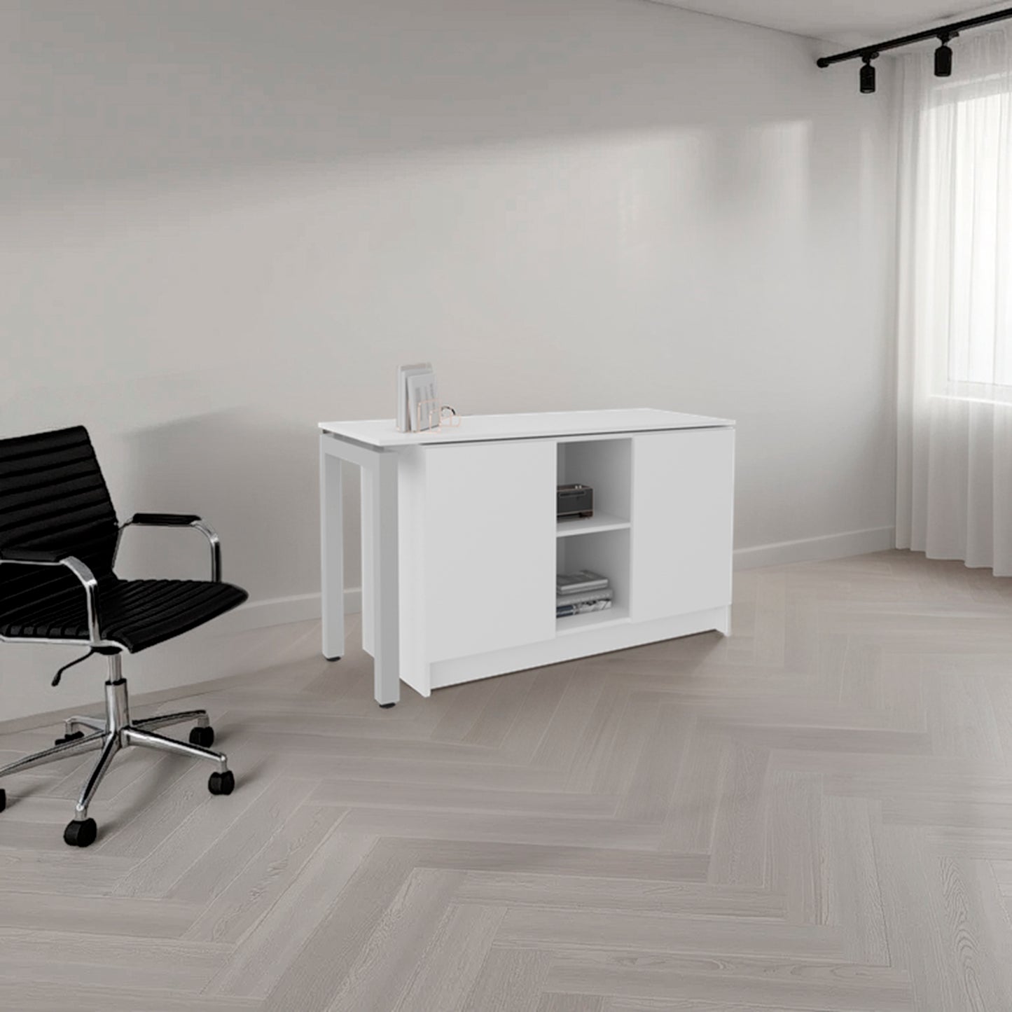 Desk 28.5' H, 2 Doors, 5 Shelves, 2 Legs, White - Home Office