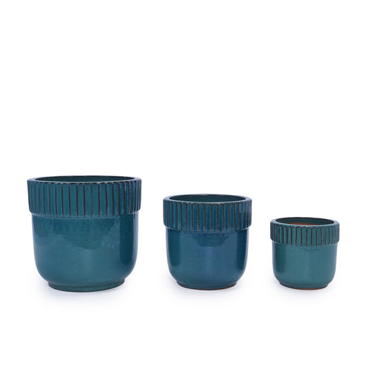 3 Pieces Ceramic Flowerpot, Modern Indoor Outdoor Planter for Garden & Patio - Antique Blue