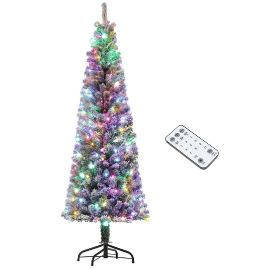 HOMCOM 6 ft Pre-Lit Pencil Christmas Tree, Artificial Christmas Tree with 170 Dual Color LED Lights and 429 Branch Tips, Flocked Xmas Tree with Metal Stand for Holiday Party, Green