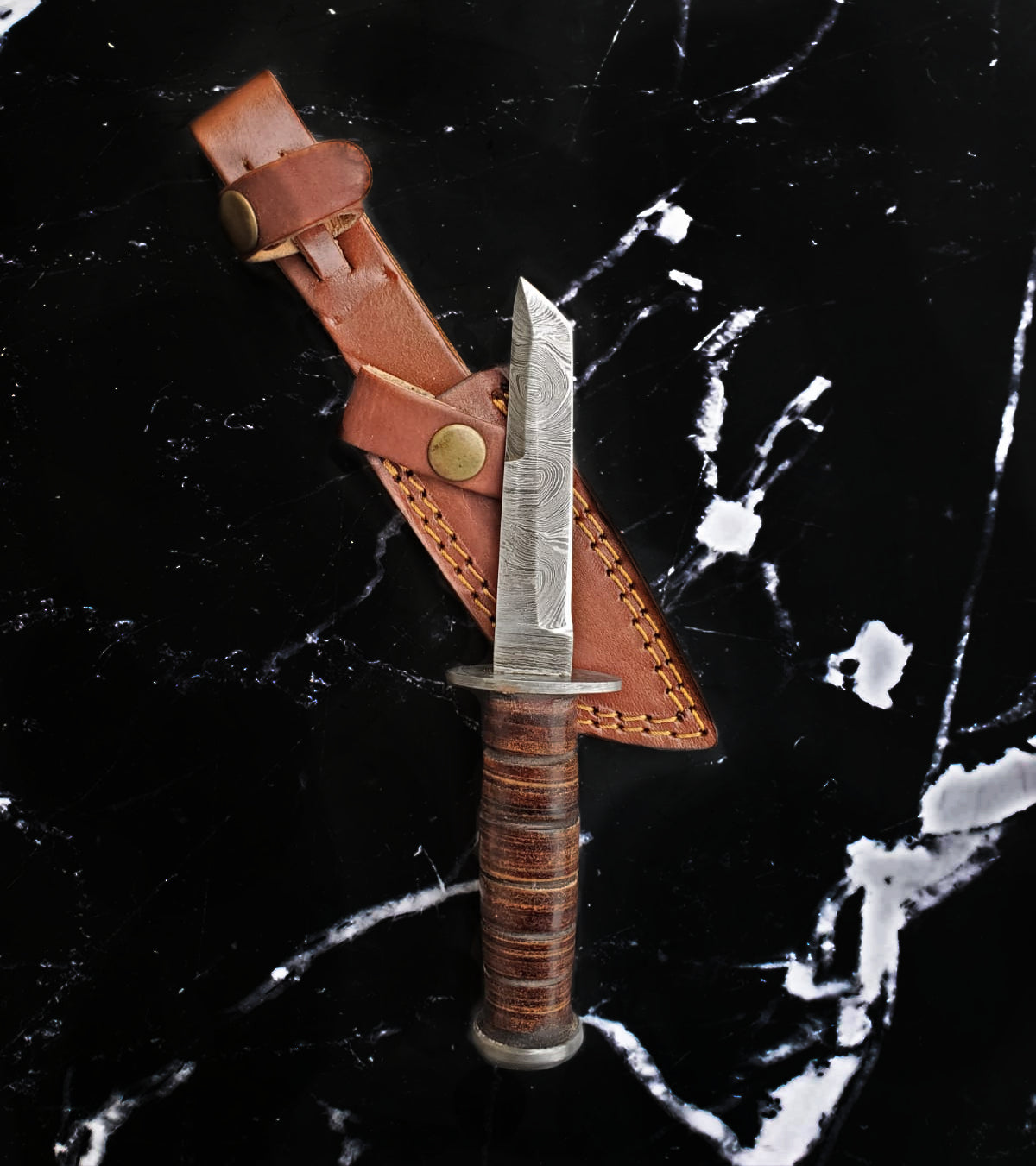 Military Style Tanto Knife High Carbon Damascus Blade Hand Made by Titan Stacked Leather Handle TD-235