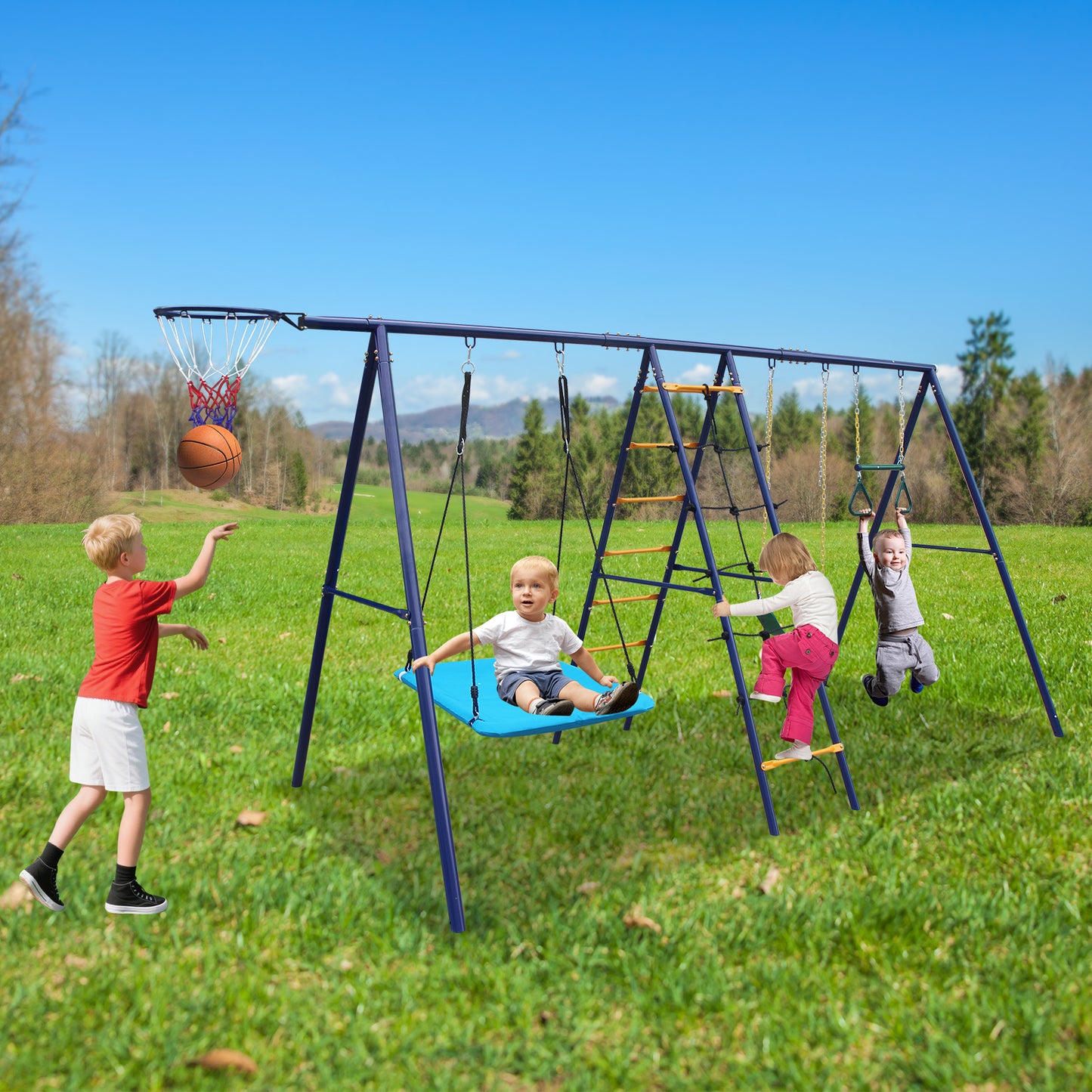 6 in 1 Swing Set With Climbing Ladder, Climbing Net, Trapeze bar, Hammock Swing, Belt Swing, Basketball hoop for Backyard