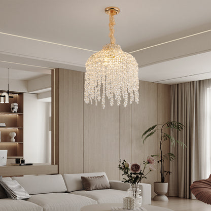16 Inch 5-Light Crystal Pendant Light Chandelier– Elegant Waterfall Design with Grape-Shaped Crystal Bead Strings and Gold Finish for Living Room, Bedroom, or Dining Area (Bulb Not Included)