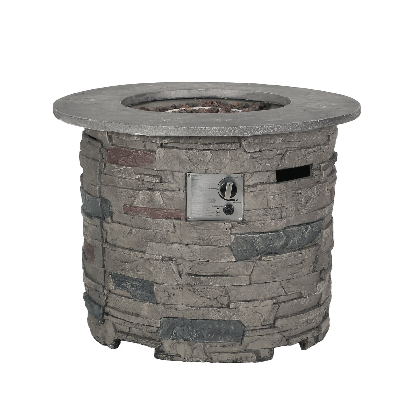 Transitional Outdoor 32' Round MgO Propane Fire Pit Table, Stone Gray, Lightweight Concrete Construction