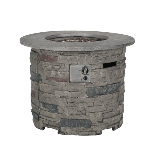 Transitional Outdoor 32' Round MgO Propane Fire Pit Table, Stone Gray, Lightweight Concrete Construction