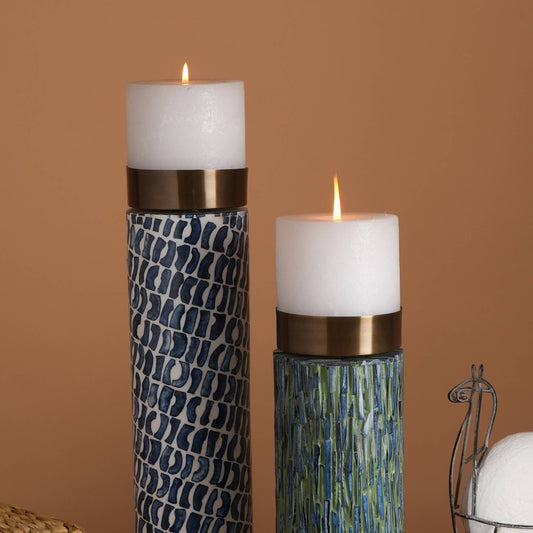 Elegant Handcrafted Candle Stand: Blue Bone with White Resin Inlay and Brass Top-4X15.5'