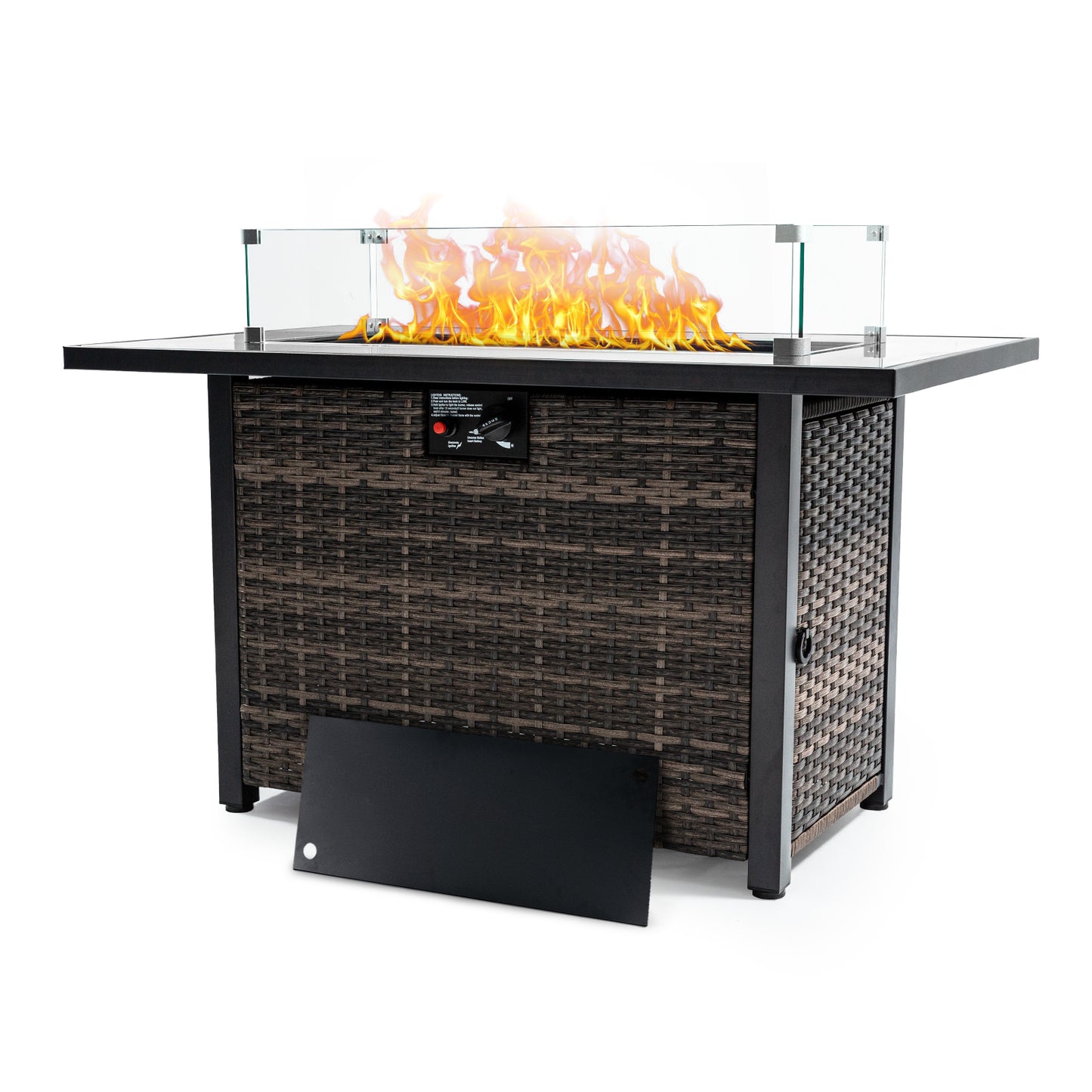 Outdoor Fire Pit 50,000 BTU Propane Gas Fire Table with Lid Fireplace with Glass Wind Guard Wicker Base for Garden, Patio, Backyard, 44'
