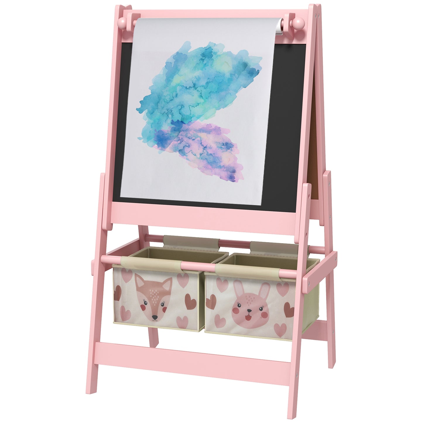 Qaba Art Easel for Kids with Paper Roll, 3 in 1 Toddler Painting Easel with Blackboard, Whiteboard, Storage Baskets, Pink
