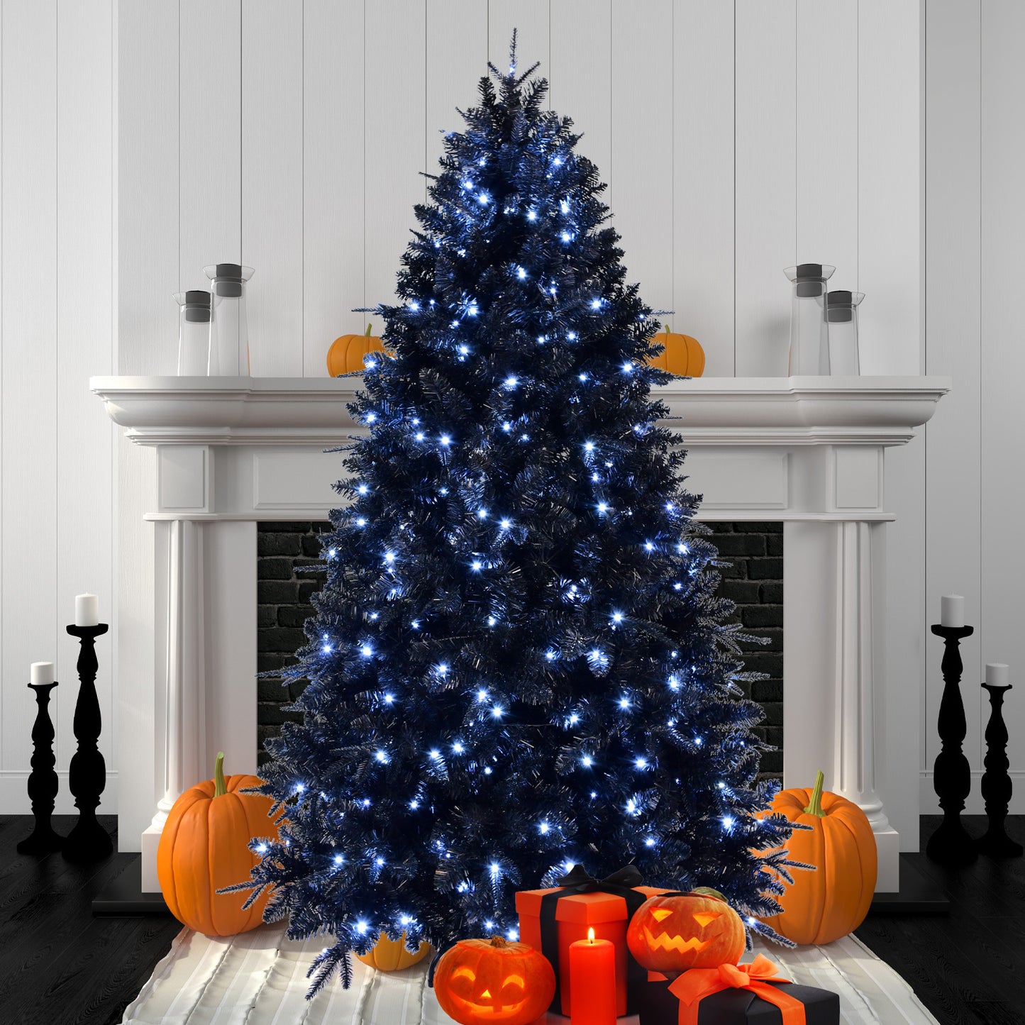 9ft Black Christmas Tree with 750 White LED Lights, 3176 Tips PE+PVC Artificial Tree for Halloween & Holiday Decor, Hinged Structure with Stable Metal Stand