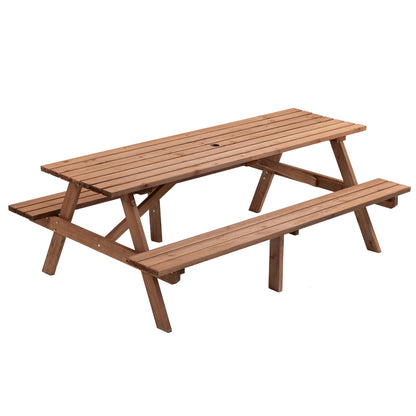 8 Person Brown Wooden Picnic Table, Outdoor Camping Dining Table with 2 Seats, Garden, DIY with 2 Built-in Benches, 2220lb Capacity
