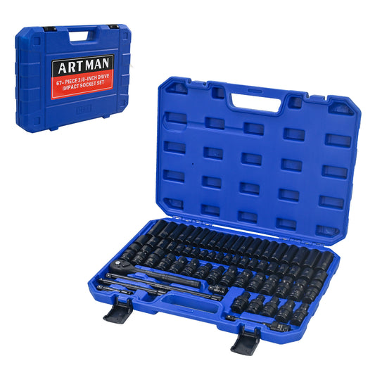 Air Tool and Accessories Kit, 67 Pieces, Long and Short Sets, Universal Short Sets, Extension Rods, Pneumatic Universal Connectors, Ratchet Wrenches, Quick Couplings-Black,Blue