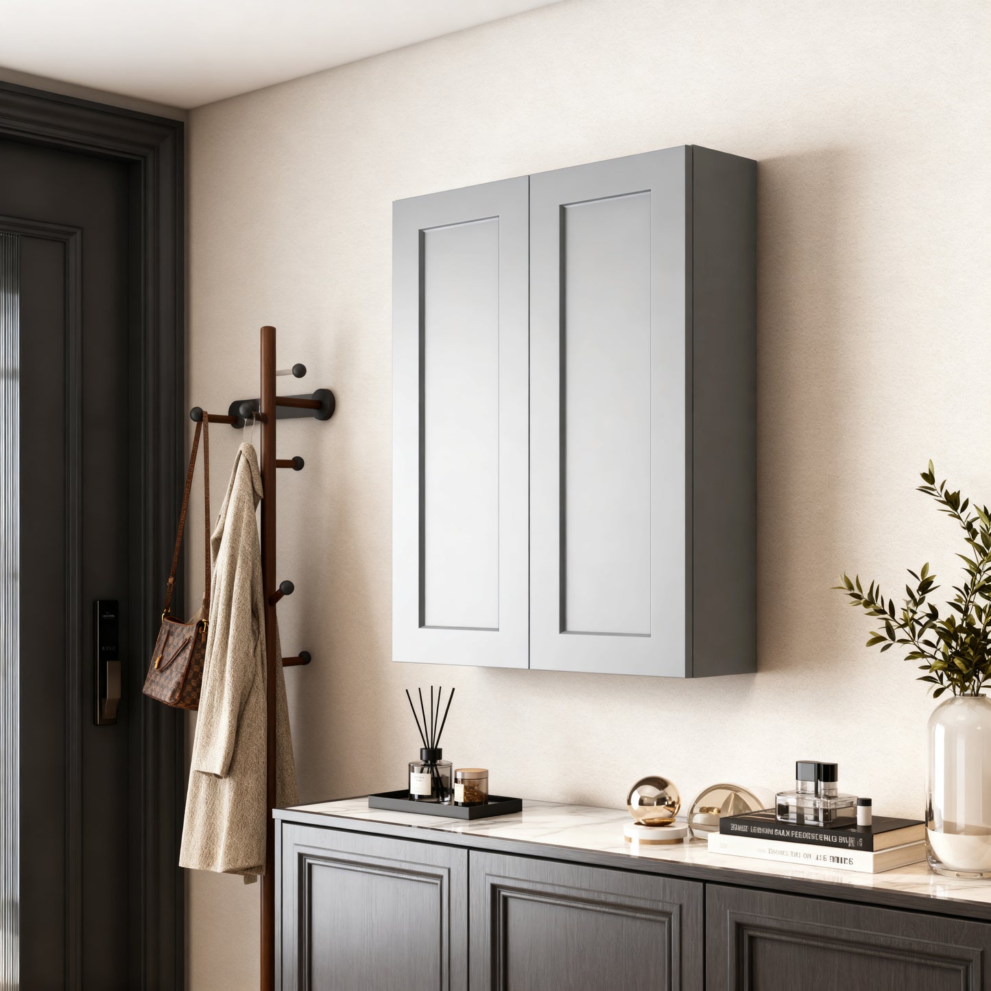 Dark Gray Solid Wood Double Doors Wall Cabinet 2 Doors and 3 Shelves for Kitchen Storage, Bathroom Storage, Laundry,Adjustable Shelves Ready to Assemble(30'W×12'D×42'H)