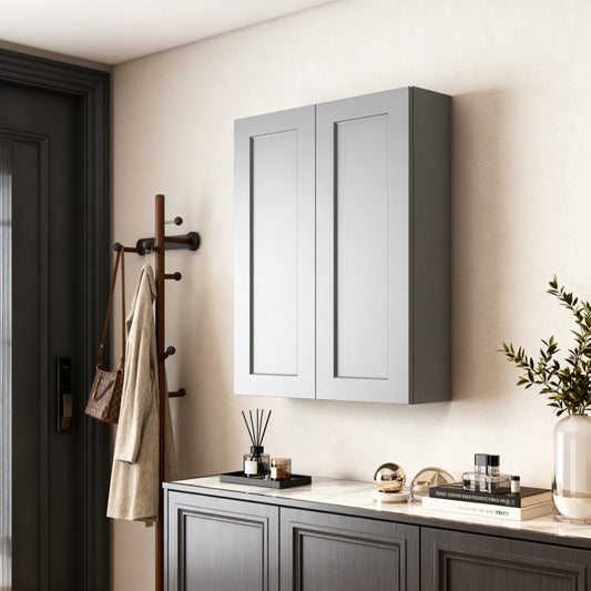 Dark Gray Solid Wood Double Doors Wall Cabinet 2 Doors and 3 Shelves for Kitchen Storage, Bathroom Storage, Laundry,Adjustable Shelves Ready to Assemble(30'W×12'D×42'H)