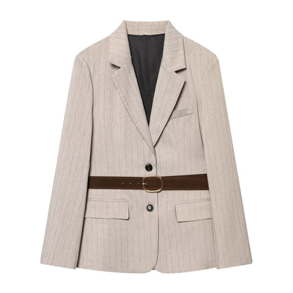 Women's Jacket Beige Pinstripe Belted Blazer BYMANYC ® New York WALL STREET BELTED BEIGE BLAZER - New Collection