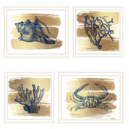 Trendy Decor 4U 4-PC Vignette Gold Sea Collection White Framed Wall Art for Living Room, Bedroom Wall Art Print for Home Decor by Bluebird Barn