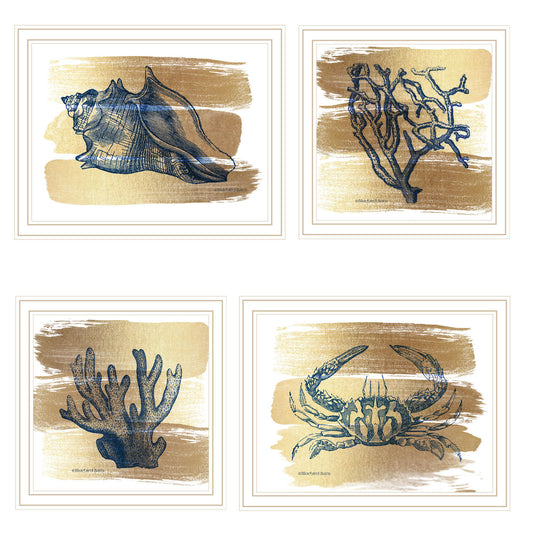 Trendy Decor 4U 4-PC Vignette Gold Sea Collection White Framed Wall Art for Living Room, Bedroom Wall Art Print for Home Decor by Bluebird Barn