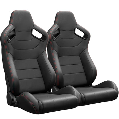 2PC New Universal Bucket Racing Seats Red Stitch Black PVC Leather Reclinable Carbon Look Leather Back With Adjustor Slider(Not Including Seat Bracket ) 1 box of 2 pieces