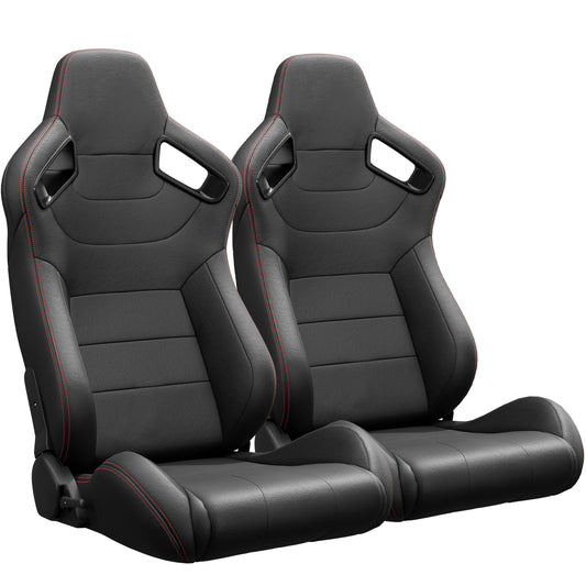 2PC New Universal Bucket Racing Seats Red Stitch Black PVC Leather Reclinable Carbon Look Leather Back With Adjustor Slider(Not Including Seat Bracket ) 1 box of 2 pieces